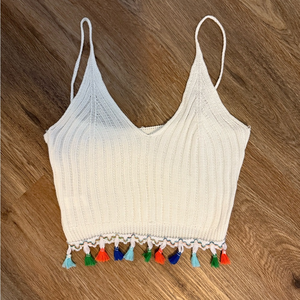 SHEIN White Knit Tank Top with Tassels